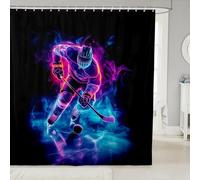 Homewish Rideau Douche 180x200cm Joueur de Hockey Brûlant,Rideaux de Douche Enfants Les Les Adultes Les Amateurs de Hockey sur Glace,Rideau de Baignoire Jeu de Sports d'hiver Feu Bleu Rose