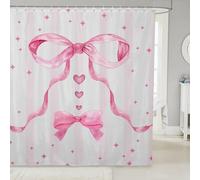 Homewish Rideau Douche 180x200cm Kawaii Bow Filles,Rideaux de Douche Rose Bowknot Coquette Décor,Rideau de Baignoire Filles Amour Cœur Étoiles,Rideaux Salle de Bain Aquarelle Princesse Esthétique