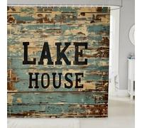 Homewish Rideau Douche 180x200cm Maison du Lac,Rideaux de Douche Thème Bateau,Rideau de Baignoire Planche en Bois Marron Teal,Rideaux Salle de Bain Vintage Rétro