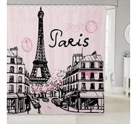 Homewish Rideau Douche 180x200cm Paris Tour Eiffel,Rideaux de Douche France Romantique Rose,Rideau de Baignoire Style Dessiné À la Main de Dessin Animé Garçons Filles Paysage Rétro