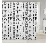Homewish Rideau Douche 180x210cm Cowboy Occidental,Rideaux de Douche Crâne Taureau,Rideau de Baignoire Femmes Tribales Autochtones Rustiques Aztèques Totem de Tête de Vache Ethnique Noir Blanc