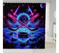 Homewish Rideau Douche 180x210cm Hockey sur Glace,Rideaux de Douche Enfants Les Les Adultes Le Bâton de Hockey Hippie,Rideau de Baignoire Jeu de Balle de Sport,Rideaux Salle de Bain Néon Rose Bleu