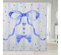 Homewish Rideau Douche 180x210cm Kawaii Bow Girls,Rideaux de Douche Blue Bowknot Coquette Decor,Rideau de Baignoire Filles Amour Cœur Étoiles,Rideaux Salle de Bain Aquarelle Princesse Esthétique