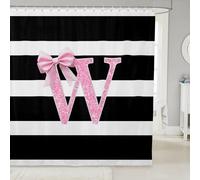 Homewish Rideau Douche 180x210cm Lettre Monogramme W,Rideaux de Douche Arc Rose,Rideau de Baignoire Glitter Personnalisé Initial,Rideaux Salle de Bain pour Filles Adolescentes Rayures Blanches Noires