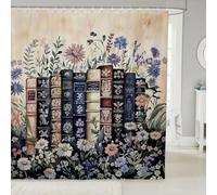 Homewish Rideau Douche 180x210cm Livre Vintage,Rideaux de Douche Fleurs Rustiques,Rideau de Baignoire Adultes Adolescents Amoureux Littéraire Lecture Moderne Bibliothèque de Lecteurs Rétro Étagère