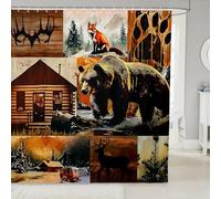 Homewish Rideau Douche 180x210cm Lodge Rustique, Rideaux de Douche Cabine de Renard de Cerf d'ours, Rideau de Baignoire Animaux de Bois de Pays, Rideaux Salle de Bain Pins de Grange Vintage Brun Noir