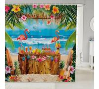 Homewish Rideau Douche 180x210cm Plage D'Été D'Hawaï, Rideaux de Douche Faune Sauvage de Flamingo Rouge, Rideau de Baignoire Océan Tropical, Rideaux Salle de Bain Boisson de Feuilles de Palmier