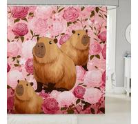 Homewish Rideau Douche 180x210cm Rose Capybara, Rideaux de Douche Animaux Drôle, Rideau de Baignoire Jardin Faune, Rideaux Salle de Bain Ferme Rustique