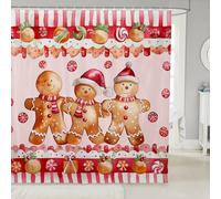 Homewish Rideau Douche 180x210cm Rouge de Noël, Rideaux de Douche Pain D'Épicerie Mignon, Rideau de Baignoire Homme de Pain D'Épicerie de Noël, Rideaux Salle de Bain Grue de Bonbons Festifs