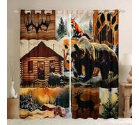 Homewish Rideau Occultant 117x137 cm Lodge Rustique,Rideau Cabine de Renard de Cerf d'ours,Rideaux Voilage Animaux de Bois de Pays,Voilage Fenetre Pins de Grange Vintage Brun Noir pour Chambre Salon