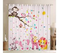 Homewish Rideau Occultant 140x175 cm Animal de Bois Rose,Rideau Animaux de Jungle,Rideaux Voilage Femmes Girafe Lion Kawaii,Voilage Fenetre Zèbre Éléphant de Faune Sauvage de Ferme de Dessins Animés