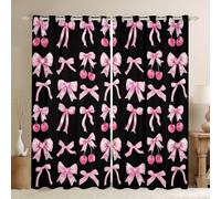 Homewish Rideau Occultant 140x175 cm Bouchon de Cerise Rose,Rideau Bouchon de Ruban de Soie Mignon,Rideaux Voilage Cravate de Princesse Kawaii Rêveux,pour Chambre Salon Girly Hot Rose et Noir