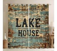 Homewish Rideau Occultant 140x175 cm Maison du Lac, Rideau Thème Bateau, Rideaux Voilage Planche en Bois Marron Teal, Voilage Fenetre Vintage Rétro pour Chambre Salon