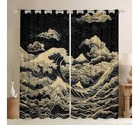 Homewish Rideau Occultant 140x175 cm Style Japonais, Rideau Mont Fuji, Rideaux Voilage Adultes Adolescents Océan Grandes Vagues Art, Voilage Fenetre Noir Golden Glitter Stars pour Chambre Salon