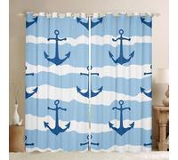 Homewish Rideau Occultant 140x245 cm Ancre Bleue,Rideau Côtière Vintage,Rideaux Voilage Océan Géométrique Rétro,Voilage Fenetre pour Garçons Filles Adultes Esthétique Moderne pour Chambre Salon