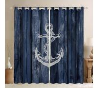 Homewish Rideau Occultant 140x245 cm Ancre Côtière Vintage,Rideau Océan Bleu Marine,Rideaux Voilage Planche en Bois Rétro,Voilage Fenetre pour Garçons Filles Adultes Esthétique pour Chambre Salon