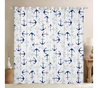 Homewish Rideau Occultant 140x245 cm Ancres Bleues Blanches,Rideau Côtières,Rideaux Voilage Thématique Océan Vintage,Voilage Fenetre Garçons Filles Adultes Bateau À Voile de Plage pour Chambre Salon