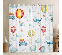 Homewish Rideau Occultant 140x245 cm Avion Bleu Mignon,Rideau Avion Dessiné À La Main de Dessin Animé,Rideaux Voilage Voiture Teal Cloud Kawaii Enfant Garçons Filles Ballon À Air Chaud Coloré