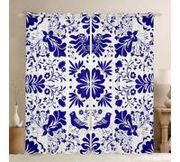 Homewish Rideau Occultant 140x245 cm Carrelage,Rideau Vintage Floral,Rideaux Voilage Patchwork Ethnique,Voilage Fenetre Fleur Bleue Blanche Esthétique pour Chambre Salon