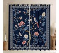 Homewish Rideau Occultant 140x245 cm Fleurs Bleues Marines,Rideau Oiseaux de Ferme,Rideaux Voilage Adultes Adolescents Art Classique Rétro Plantes Sauvages Animal Boho Géométrique Carré pour Chambre
