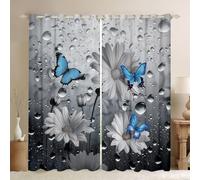 Homewish Rideau Occultant 140x245 cm Gouttelettes d'eau,Rideau Papillon,Rideaux Voilage Enfants Garçons Filles Daisy Fog Papillons Bleus Rêveux,Voilage Fenetre Bouillon Retro 3D Fleur Motif