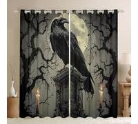 Homewish Rideau Occultant 140x245 cm Halloween Crow,Rideau Raven Tombstone,Rideaux Voilage Animal d'horreur Gothique Gris Noir,Voilage Fenetre Plantes de Bois de Décor d'halloween pour Chambre Salon