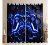 Homewish Rideau Occultant 140x245 cm Jeu, Rideau Néon Honeycomb Gamer, Rideaux Voilage Console de Jeu Rétro, Voilage Fenetre Lumières Hexagonales Bleues, pour Chambre SalonGamer