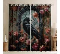 Homewish Rideau Occultant 140x245 cm Noir Crow Raven,Rideau Fleurs de Rose Vintage Gothiques d'halloween,Rideaux Voilage Enfants Adultes Oiseau Animal,Voilage Fenetre Retro Halloween Floral