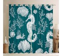 Homewish Rideau Occultant 140x245 cm Turquoise Rideau Hippocampe Côtier Rétro Rideaux Voilage Coquillage Corail Mignon Voilage Fenetre Animaux de la Mer Plage pour Chambre Salon