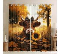 Homewish Rideau Occultant 140x260 cm Bétail Mignon des Hautes Terres,Rideau Tournesol Longhorn Bull,Rideaux Voilage Vache des Hautes Terres Bow Animaux de Campagne Rustique pour Chambre Salon