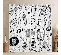 Homewish Rideau Occultant 140x260 cm Guitare, Rideau Notes de Musique, Rideaux Voilage Style Dessiné À la Main Noir, Voilage Fenetre pour Garçons Filles Musique Rock Dessinée pour Chambre Salon