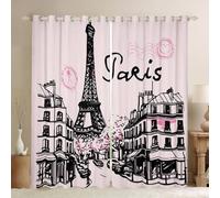 Homewish Rideau Occultant 140x260 cm Paris Tour Eiffel,Rideau France Romantique Rose,Rideaux Voilage Style Dessiné À la Main de Dessin Animé,Voilage Fenetre pour Garçons Filles Paysage Rétro