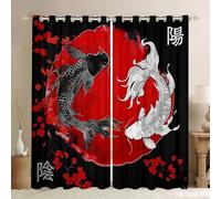 Homewish Rideau Occultant 140x260 cm Style Japonais,Rideau Poisson Koi,Rideaux Voilage Adultes Adolescents Yin Yang Noir et Rouge Asiatique Mystérieux Classique Fleurs de Cerisier pour Chambre Salon