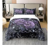 Homewish Rose Violette Coton Housse de Couette 220x240,Étoiles Scintillantes Au Clair de Lune Parure de Lit,Ensemble de Literie de Luxe Vintage,Exotique Romantique Couvre Lit Adulte Adolescent
