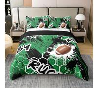 Homewish Rugby Coton Housse de Couette 140x200,Dessin À L'Encre de Football Parure de Lit,Impression de Jeu en Nid d'abeille Enfants Adolescents Literie pour Chambre,Ballon Noir Vert Sport Couvre Lit