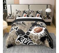 Homewish Rugby Coton Housse de Couette 220x240,Sports Cellulaires Parure de Lit Chambre,Football Imprimé À L'Encre Douce pour Enfants Adultes Literie Set,Brun Boule Noire Catégorie Jeux Couvre Lit