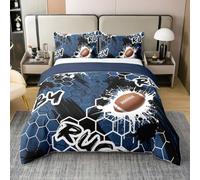 Homewish Rugger Coton Housse de Couette 220x240,Football Dessin À L'Encre Parure de Lit,Rugby Sport Imprimer Enfants Adultes Chambre Literie Set,Navy Bleu Nid d'abeille Noir Couvre Lit