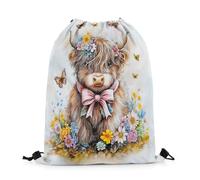 Homewish Sac Cordon Vaches Highland 33 x 40 cm Enfants Adultes Taureaux Sac de Sport Campagne de Fleurs Colorées Animaux Burlesques Occidentaux