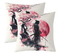 Homewish Style Japonais Lot de 2 Taie d'oreiller Japonais Anime Samouraï Taie d'oreiller 60x60 Sakura Rouge Sun Housse de Coussin Peinture À L'Encre Apanese Ukiyo E Décoratif Taie d'oreiller