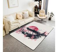 Homewish Style Japonais Tapis Salon Anime Japonais Samouraï Tapis 150x200 Sakura Red Sun Tapis Intérieur et Extérieur Encre Noir Rouge Tapis Décoratif Apanese Ukiyo E Salon Tapis