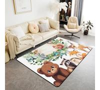 Homewish Tapis Salon 100x150cm Animaux Sauvages,Tapis Chambre Feuilles de Jardin,Tapis Sol Faune Sauvage Mignonne Botanique,Décor Papillon Ours Écureuil Hérisson Renard Raccoon Sika Lapin de Cerf