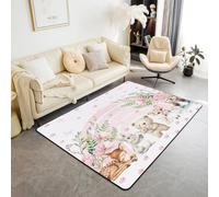 Homewish Tapis Salon 100x150cm Animaux Sauvages,Tapis Chambre Safari,Tapis Sol Kawaii Rose Lapin Fille Ours Renard Cerf Phoque Mer Loutre,Décoration D'Intérieur Enfants Fleurs Florales