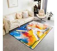 Homewish Tapis Salon 100x150cm Aquarelle Cricket Batsman,Tapis Chambre Splatter Jaune Bleu Orange,Tapis Sol Joueur de Cricket,Décoration D'Intérieur Enfants Garçons Adultes Sports Esthétique