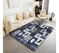 Homewish Tapis Salon 100x150cm Cabane Rustique | Décoration D'Intérieur Cerf Bleu Ferme Tapis Chambre Antidérapant Lodge Campagne Patchwork Forestier - Faune Forêt Western