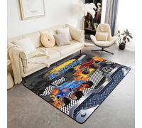 Homewish Tapis Salon 100x150cm Camion de Dessin Animé,Tapis Chambre Voiture de Course Fraîche,Tapis Sol Noir Blanc À Échecs Pistes de Pneus de Course Grises Peinture À l'huile Sports Extrêmes