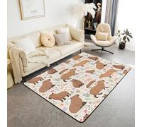 Homewish Tapis Salon 100x150cm Capybara,Tapis Chambre Filles Fleurs Entourent La Capybara,Tapis Sol Animaux Rongeur Mignon,Décoration D'Intérieur Enfants Adolescents Femmes Adultes Branches et Fleurs