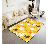 Homewish Tapis Salon 100x150cm Cat Noir Mignon,Tapis Chambre Fantôme,Tapis Sol pour Filles Garçons Silhouette Ombres Sombres Arbre d'halloween Sorcière Chapeau Citrouille Lanterne