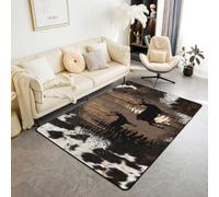 Homewish Tapis Salon 100x150cm Chasseur de Cerfs Tapis Chambre Cuir de Vache Imprimé Vache Noir Tapis Sol Ferme Cabine Rustique Décoration D'Intérieur Animaux des Bois