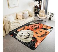 Homewish Tapis Salon 100x150cm Citrouille Gothique d'halloween, Tapis Chambre Citrouilles Drôles, Tapis Sol Teile D'Araignée Gothique, Décoration D'Intérieur Garçons Filles Citrouille Blanche Orange