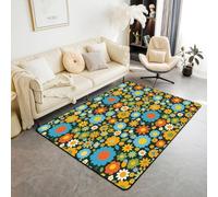 Homewish Tapis Salon 100x150cm Fleurs Exotiques, Tapis Chambre Bohémien, Tapis Sol Jardin Nature Daisy Esthétique Botanique Vert Orange Décoration D'Intérieur